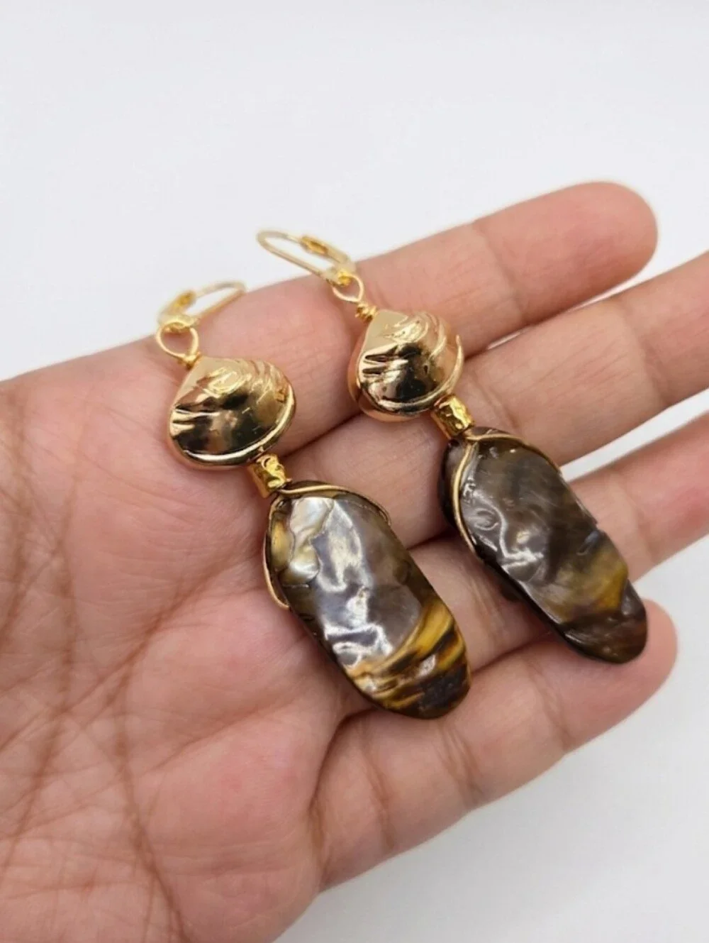 Rustic Brown Mother Of Pearl MOP In Long Drop Down Artisan Made Earrings